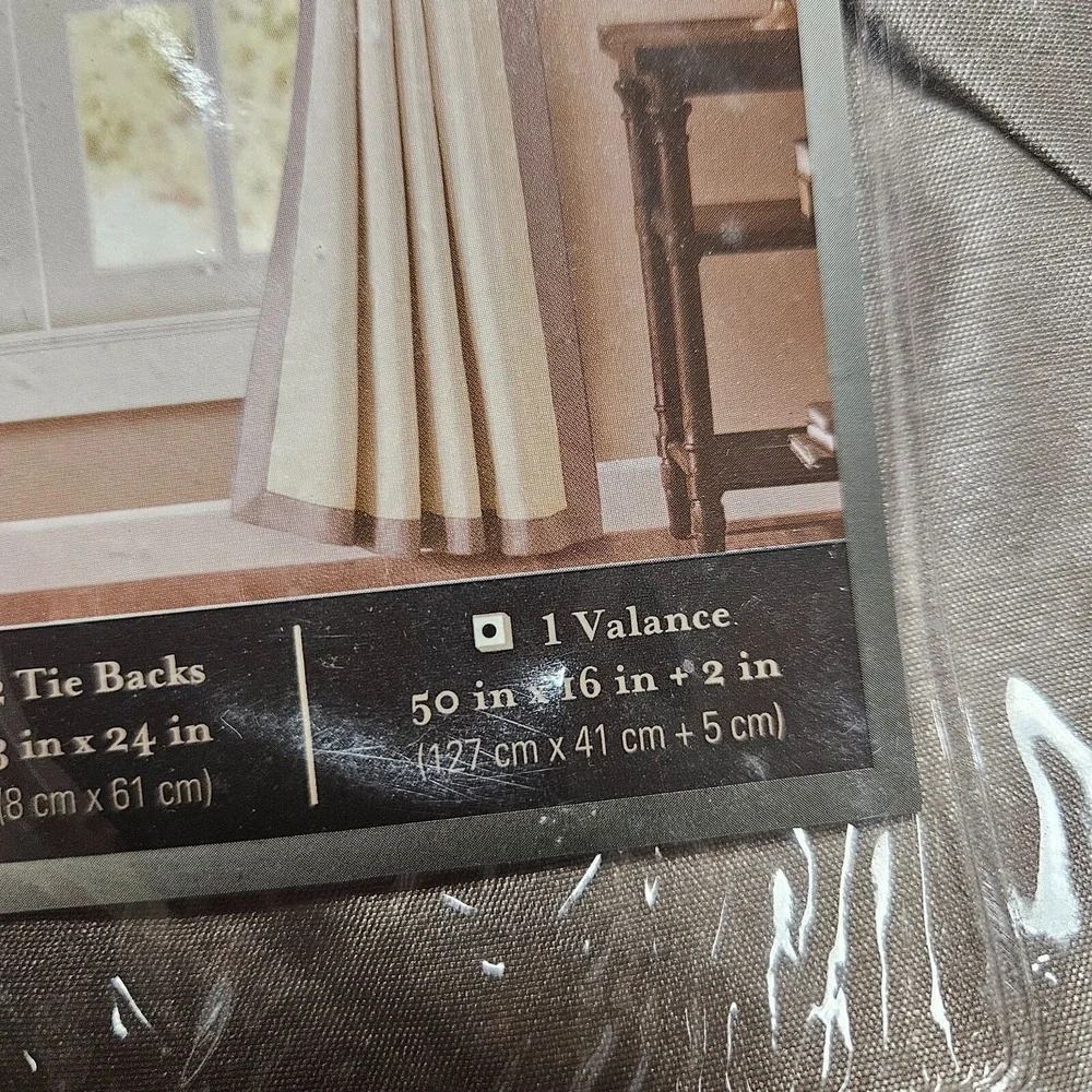 Window Ensemble Sophia Taupe Brown Valance 50in x 16in 2 Tie Backs NWT